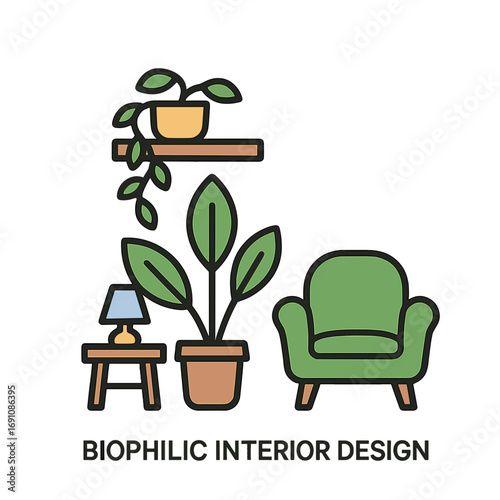 Biophilic interior design with green chair, plants, and lamp Biophilic Interior Design