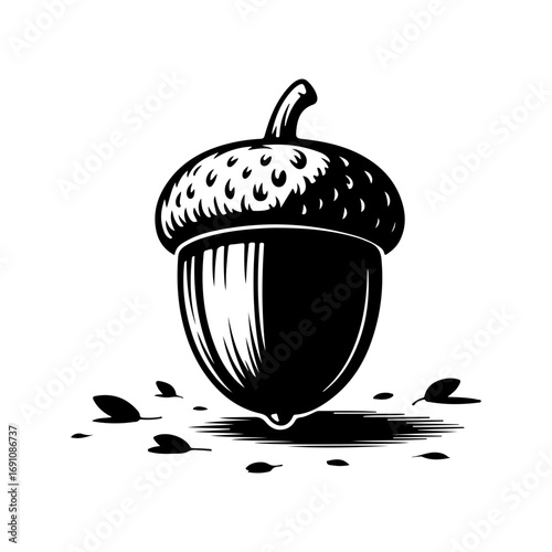 Vintage style acorn with detailed cap and stem surrounded by scattered autumn leaves and twigs a natural symbol vector