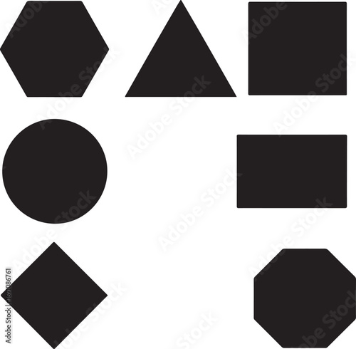 Geometric Shapes in Black and White Hexagon, Triangle, Square, Circle, Diamond, and Octagon