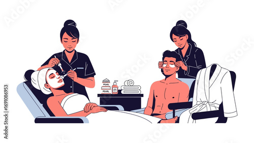 Serene flower petal therapy session with three women providing a relaxing spa treatment with floral elements and a patient receiving care