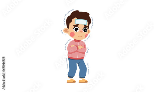 Vector illustration of a sick young boy with a high fever, shivering and feeling cold from flu symptoms on an isolated white background