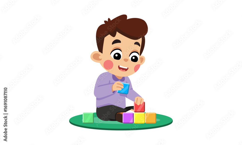 A cheerful cartoon boy sitting on a green rug, happily stacking colorful toy blocks. A concept of early childhood education, creative play, and learning development A cheerful cartoon boy sitting on a green rug, happily stacking colorful toy blocks. A concept of early childhood education, creative play, and learning development