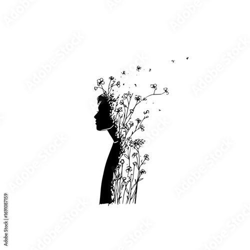 Silhouette floral woman art print black and white flower head profile nature illustration aesthetic design