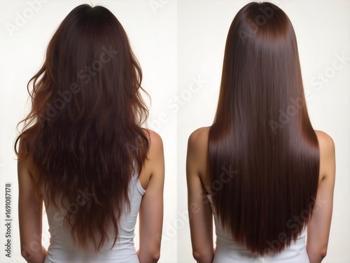 Brown Hair Transformation Before and After Straightening Treatment on White Background Beauty