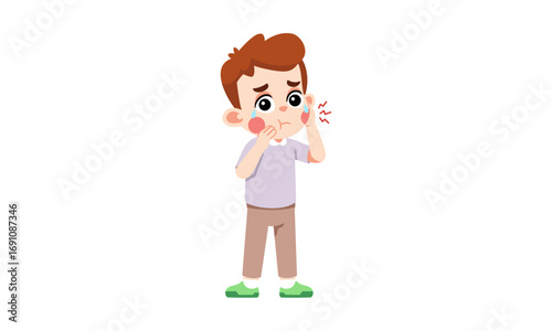 Vector illustration of a young boy suffering from a severe toothache, holding his swollen red cheek in pain and crying
