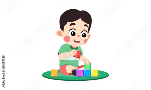 Vector illustration of a happy young boy engaged in creative play with colorful building blocks, symbolizing early education and childhood development