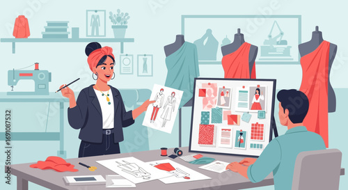 Fashion designers collaborating on new collection in creative studio workspace with sewing machine