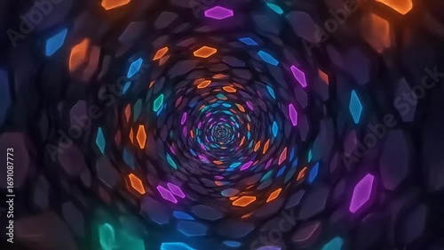 Colorful abstract tunnel with vibrant hexagonal patterns spiraling into the distance, evoking a sense of depth