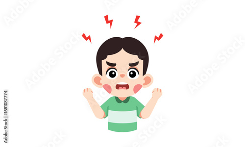 Vector illustration of a furious little boy expressing intense anger, a concept of childhood temper tantrums and emotional outbursts on a white background