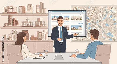 Real estate agent presenting property options to clients in a modern office setting