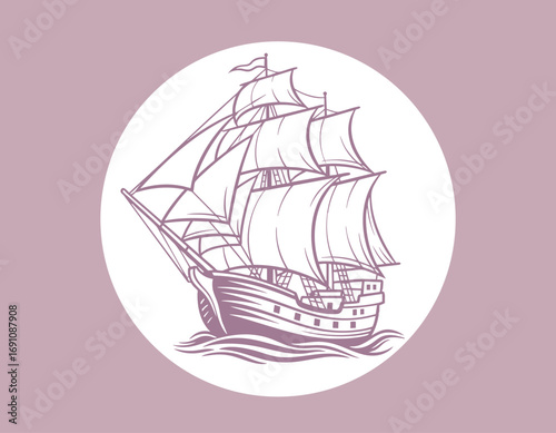 Vintage sailing ship vector illustration. Classic old ship with sails on the sea. Nautical hand-drawn style for logo, emblem, or poster. Retro marine design.