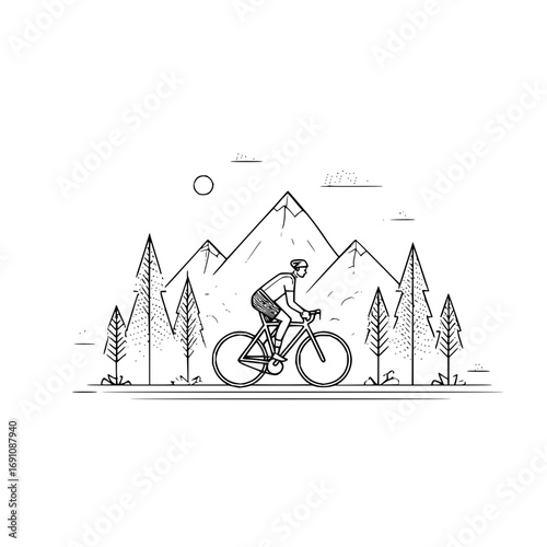 Cyclist riding a bicycle through a landscape with mountains trees and sun in a line art style design