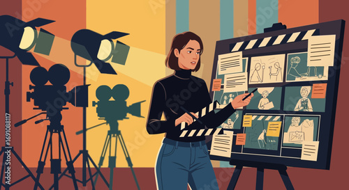 Film director presenting the storyboard of a movie project in a creative studio environment