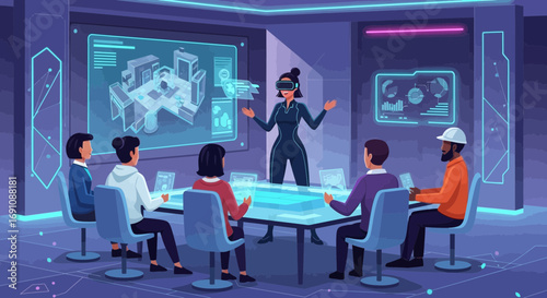 Futuristic vr meeting with diverse team discussing project blueprint design presentation
