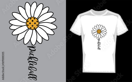 A stylized pickleball graphic integrated into a daisy flower silhouette perfect for sports and floral design enthusiasts