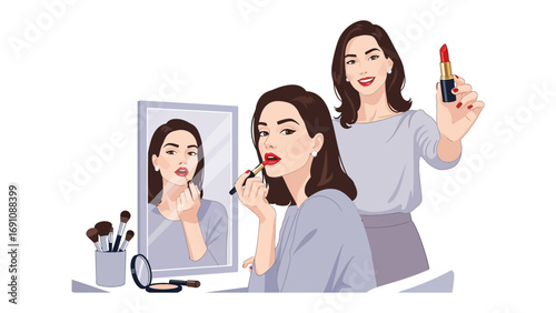 Young woman and man applying makeup in front of a large mirror with a ring light for beauty content creation