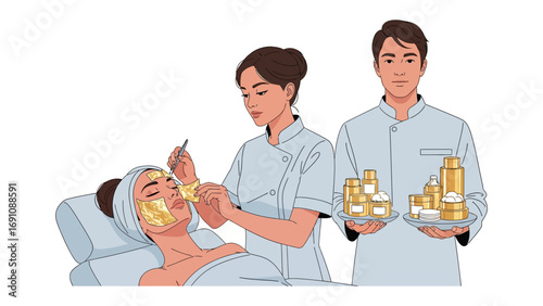 Professional beautician applying facial mask to relaxed woman in spa while male assistant holds tray of skincare products and cotton pads