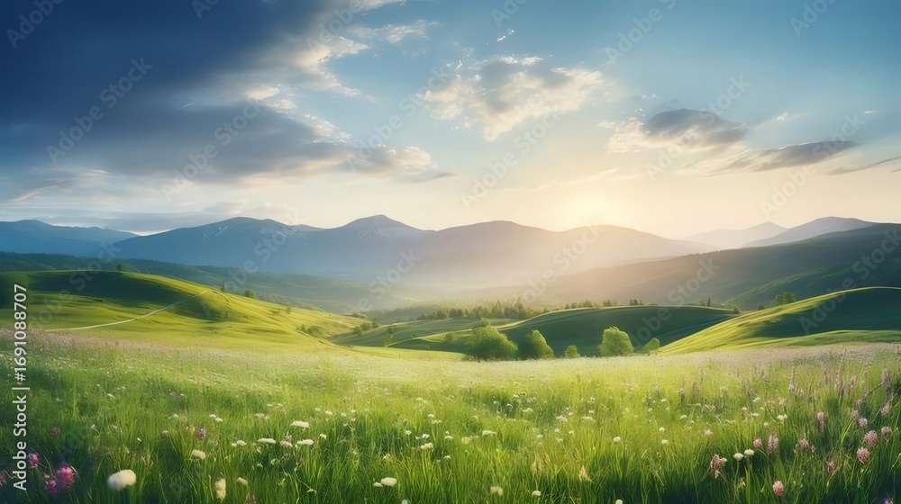 Obraz premium 緑豊かな丘陵地帯と山の穏やかな風景 太陽が昇る緑の牧草地と青い空の静かな風景