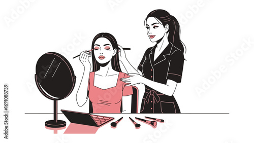 Makeup Session: A makeup artist meticulously applies cosmetics to a client, focusing on enhancing her beauty in a setting of artistic refinement.