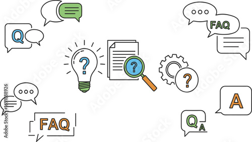 FAQ and Help Icons Set – Question, Answer, Chat Bubbles, Lightbulb, Magnifier, Knowledge Base, Support, Info, Guide & Solution Symbols