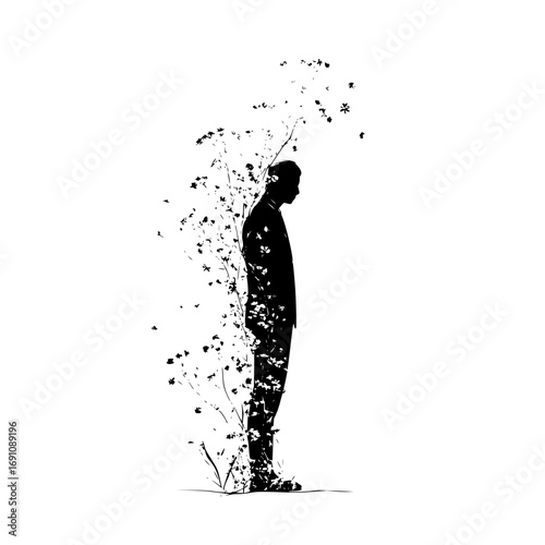 Man disintegrating art print black and white silhouette figure decay mental health concept design illustration