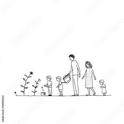Family tending to plants with father watering and children observing in a minimalist line drawing style