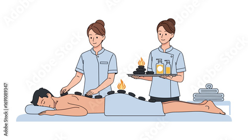 Two women in purple uniforms perform a holistic healing session on a person lying down with crystals and essential oils