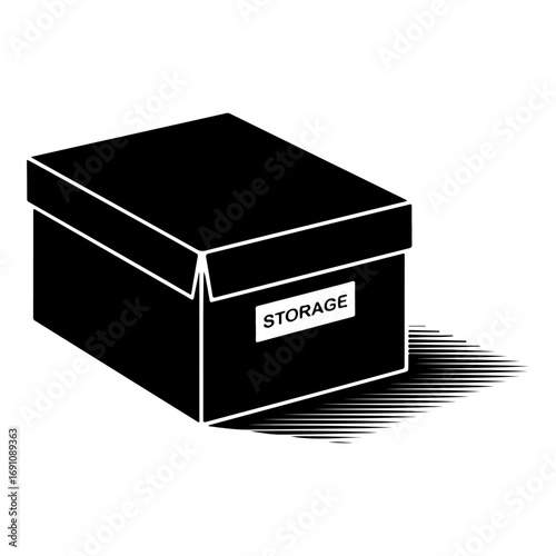 Closed black storage box with storage label and shadow isolated on white hand drawn style vector