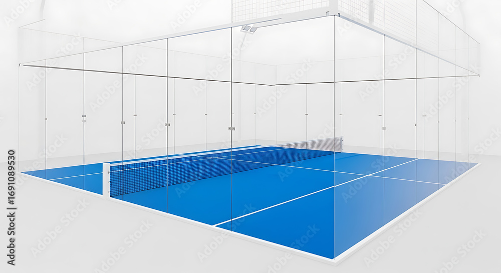 Fototapeta premium Padel tennis court indoor sport game blue glass walls net lines modern competition