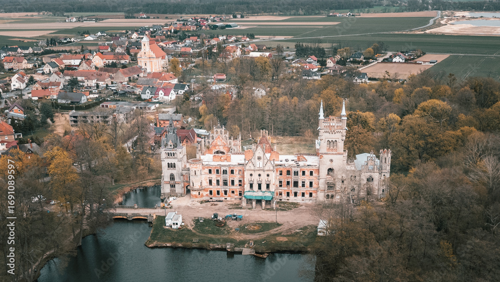 Obraz premium Aerial View of Abandoned and Ruined Palace In Kopice, Opole Voivodeship, Poland