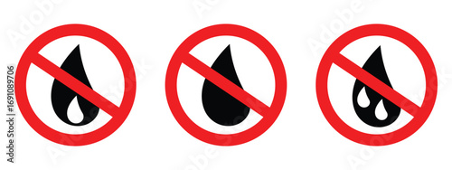 “No Water Resistant and Waterproof Prohibition Warning Signs – Do Not Drink and Water Drop Restriction Vector Icons Set”