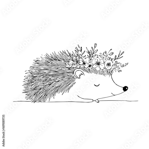 A whimsical illustration of a hedgehog adorned with a floral crown in a minimalist black and white style