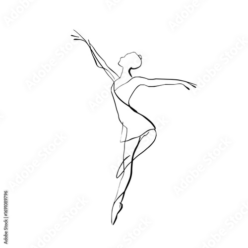 A minimalist line drawing of a ballerina in a pose with arms raised and legs crossed in a dance position