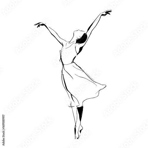 Sketch of a ballerina in a white dress with arms raised in an elegant pose on a white background