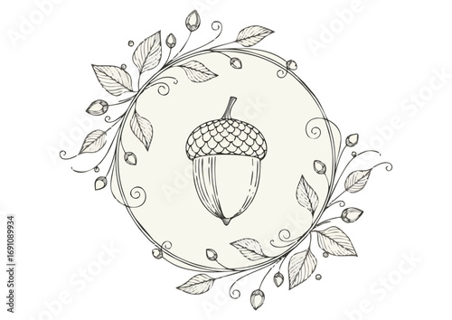 Cute cartoon acorn character illustration with a happy face and green leaf