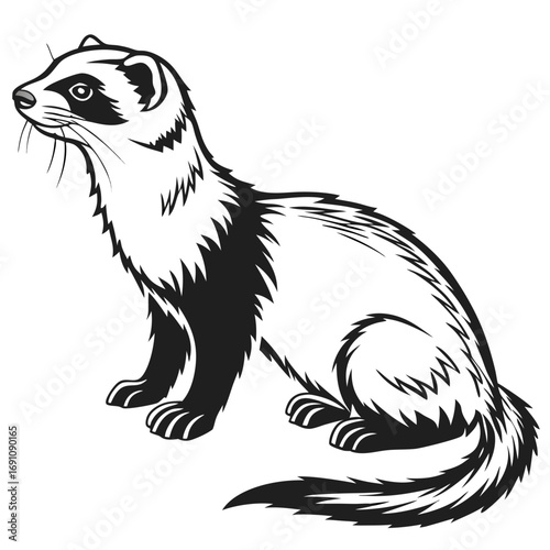 Stylized black and white illustration of a ferret sitting