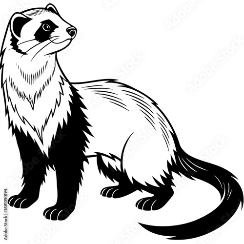 Black and white illustration of a ferret standing on a white background