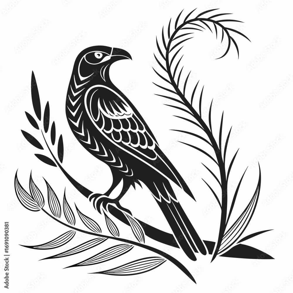 Obraz premium Stylized black silhouette of a bird perched on a branch with foliage