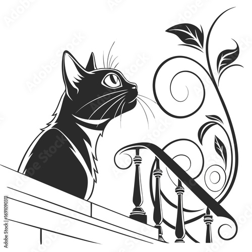 Black cat looking up at ornate floral vine on a balcony railing