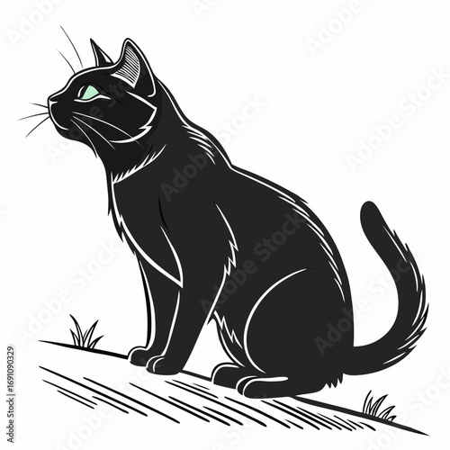 Stylized black cat with green eyes sitting on grass