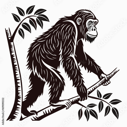Stylized chimpanzee climbing on tree branches with leaves