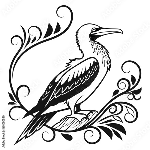 Stylized black and white illustration of a bird perched on branches