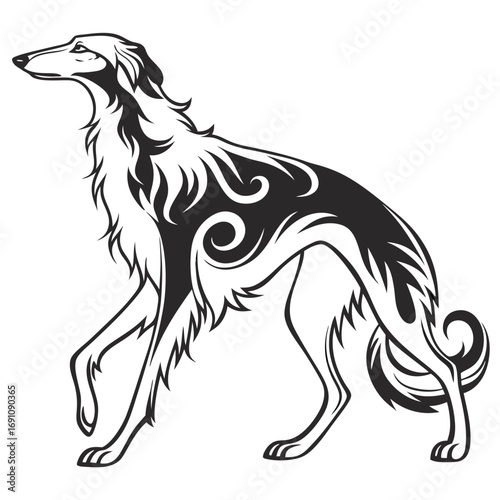 Tribal borzoi dog illustration in black and white