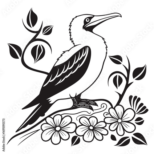 Stylized black and white bird perched on a floral branch