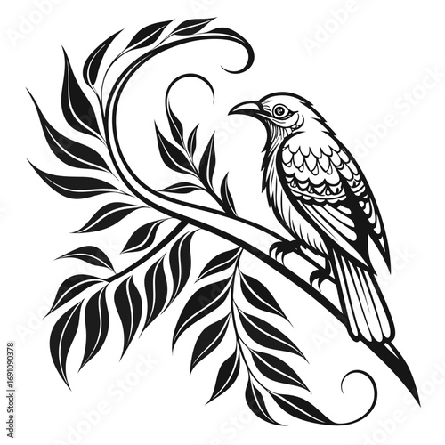 Elegant black and white illustration of a bird perched on a branch with leaves