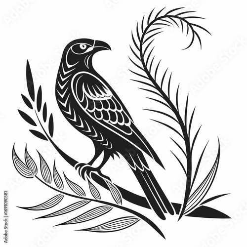Stylized black silhouette of a bird perched on a branch with foliage