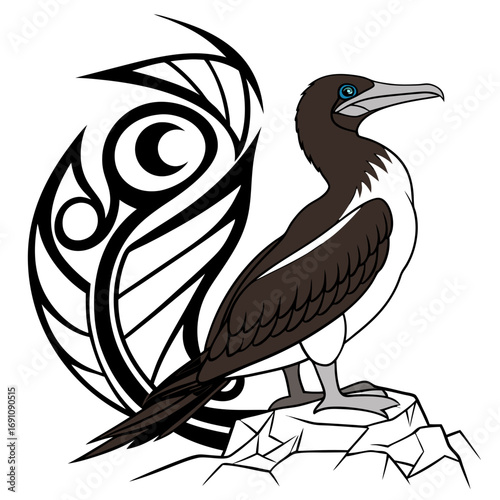 Stylized bird with tribal tail design on rocks
