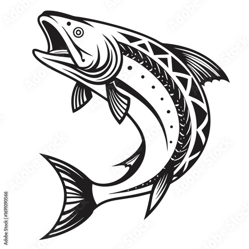 Stylized black and white illustration of a jumping trout fish
