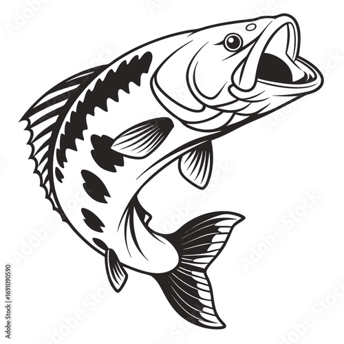 Black and white illustration of a leaping largemouth bass fish