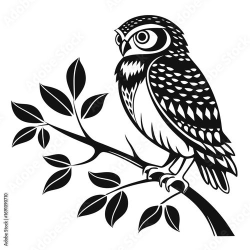 Stylized black and white illustration of an owl perched on a branch with leaves
